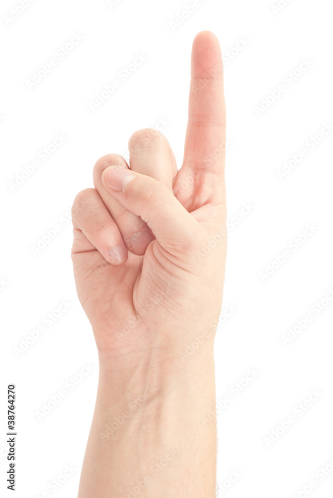 Male hand isolated on white background showing one finger Male hand isolated on white background showing one finger