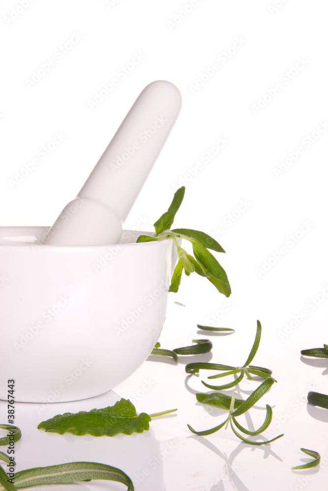 Fresh herbs with mortar Fresh herbs with mortar