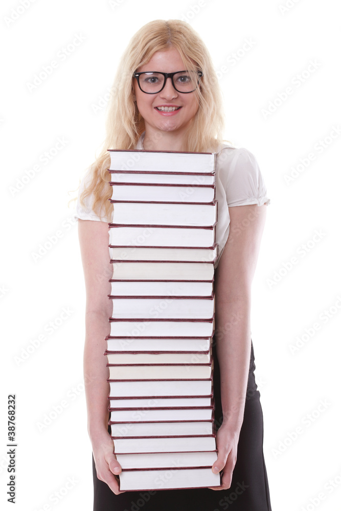 Beautiful young woman with books white background Beautiful young woman with books white background