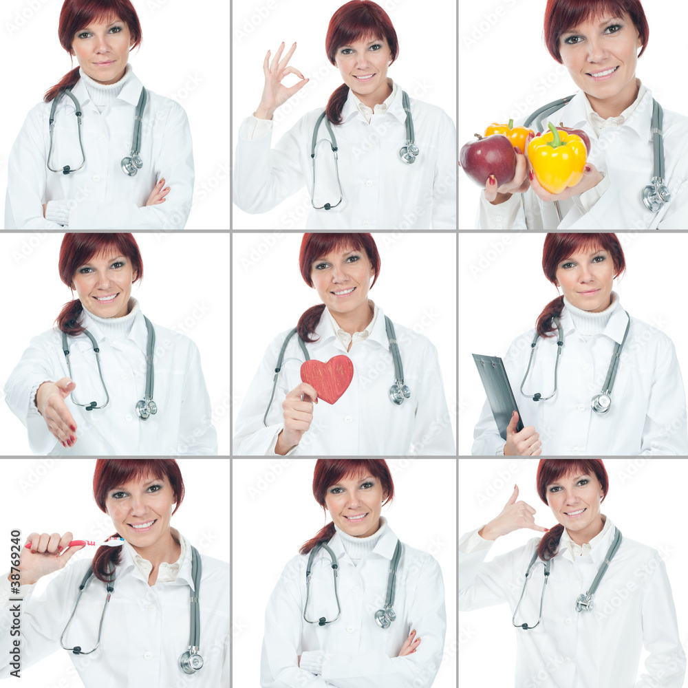 Friendly female red-haired doctor over white background, collage Friendly female red-haired doctor over white background, collage