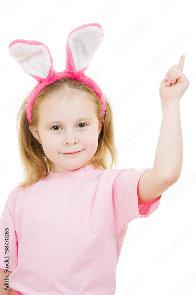 The little girl with pink ears bunny points to the top The little girl with pink ears bunny points to the top