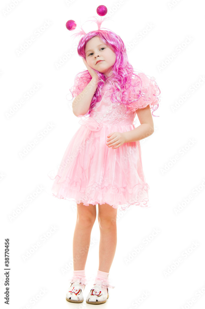 A girl with pink hair in a pink dress on a white background. A girl with pink hair in a pink dress on a white background.