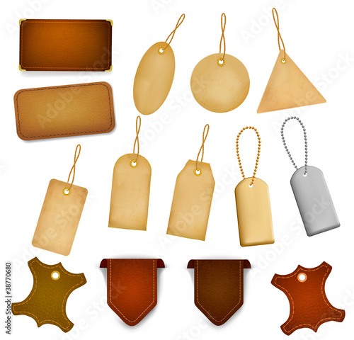 Big set of leather labels and tags. Vector illustration