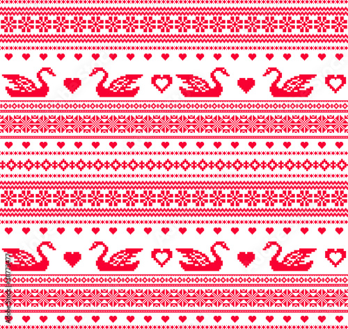 Embroidered traditional seamless pattern swans and heart