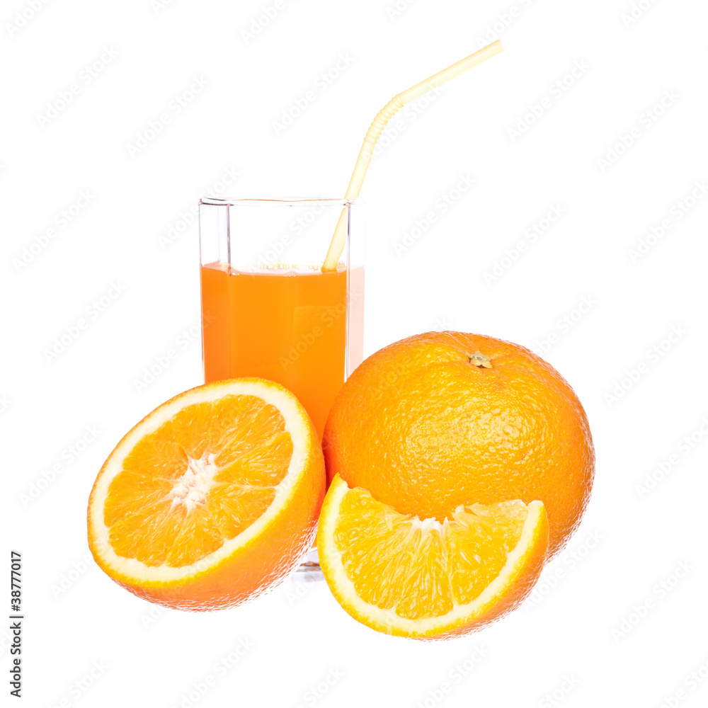 Orange juice and slices of orange isolated on white Orange juice and slices of orange isolated on white