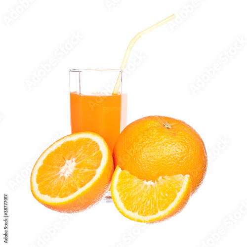 Orange juice and slices of orange isolated on white