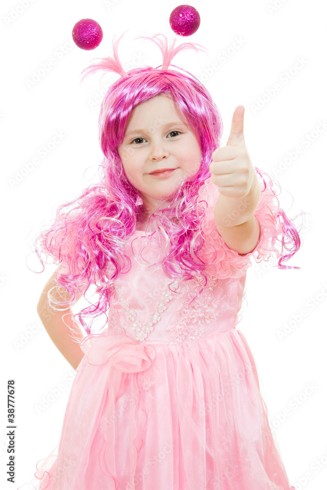 A girl with pink hair in a pink dress shows gesture okay A girl with pink hair in a pink dress shows gesture okay