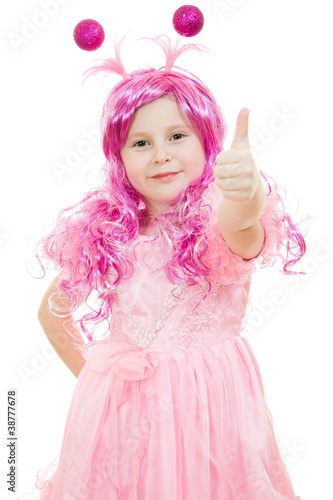 A girl with pink hair in a pink dress shows gesture okay