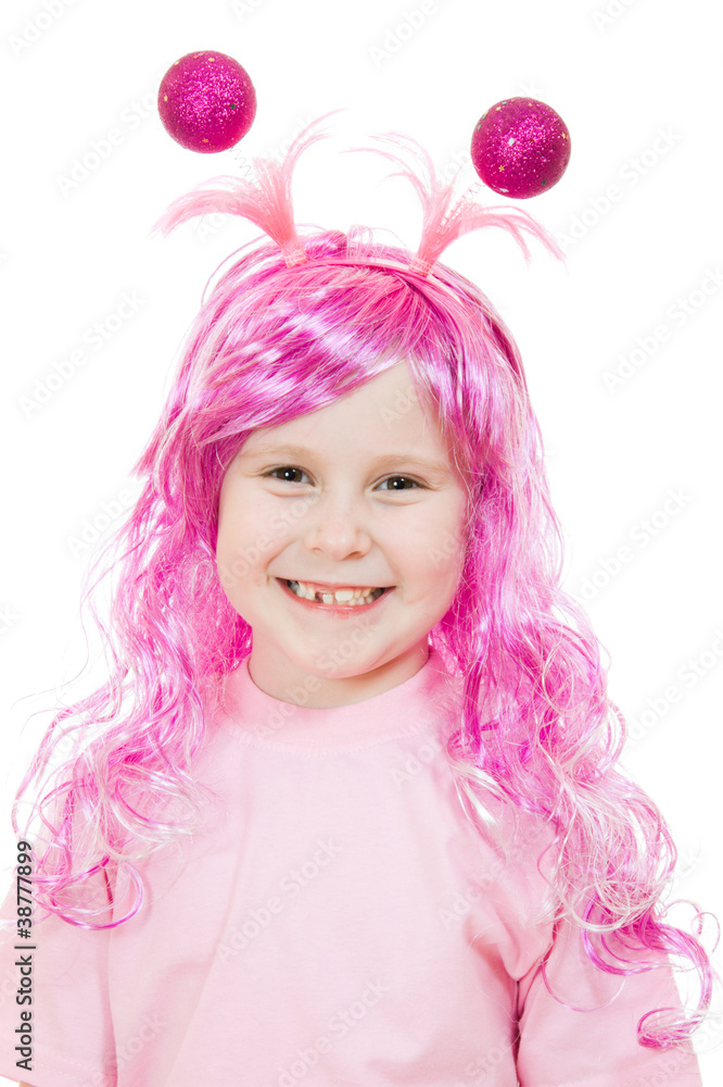 Fototapeta premium A girl with pink hair on a white background.