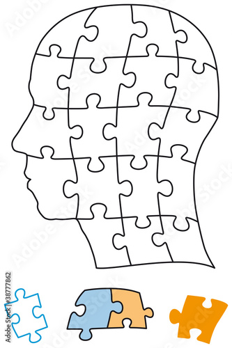 Head puzzle single parts. Head puzzle with single pieces which can be individually removed and arranged. Illustration on white background. Vector.