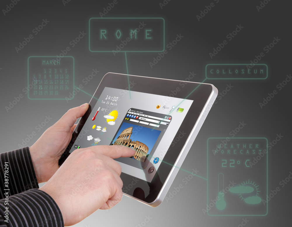 man searching a tourism information on touch pad man searching a tourism information on touch pad