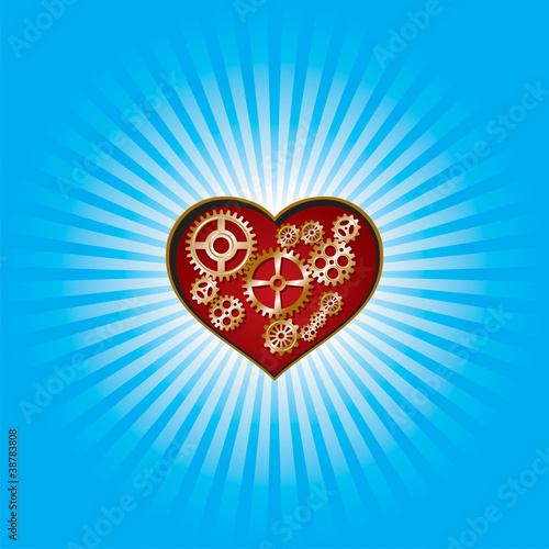 Clockwork heart-shaped sprockets with blue rays