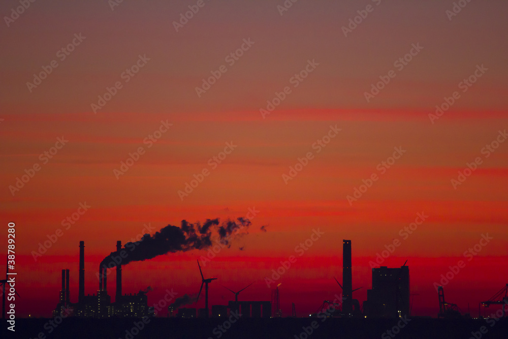 Industrial scenery at sunset, Rotterdam, The Netherlands