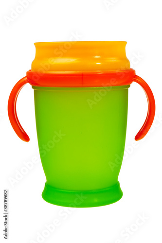 Orange and green baby plastic cup with handles.