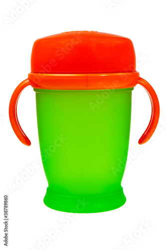 Orange and green baby plastic cup with handles.