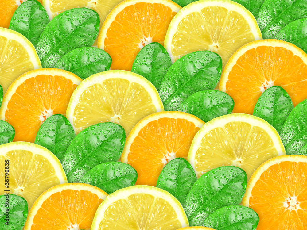 Bbstract background of orange and lemon with green leaf Bbstract background of orange and lemon with green leaf