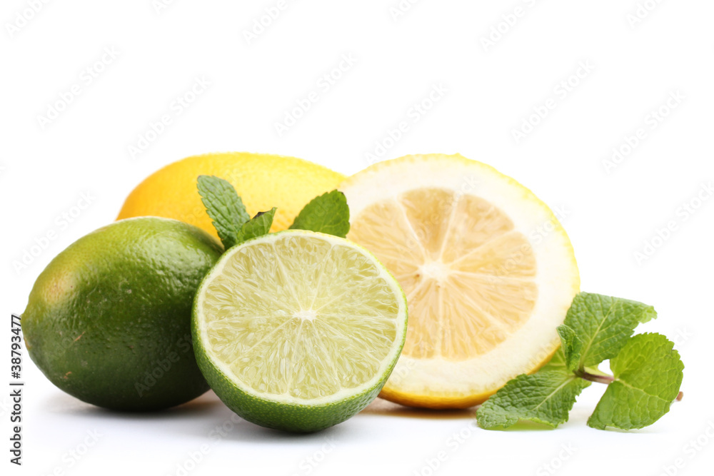 Fresh lime and lemon with mint isolated on white Fresh lime and lemon with mint isolated on white