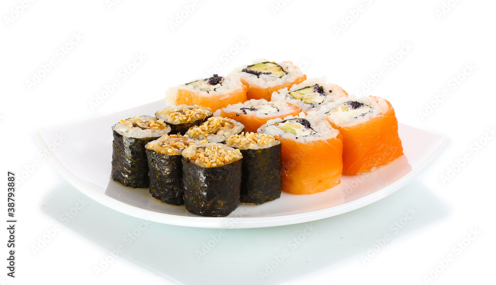 Tasty rolls served on white plate isolated on white Tasty rolls served on white plate isolated on white