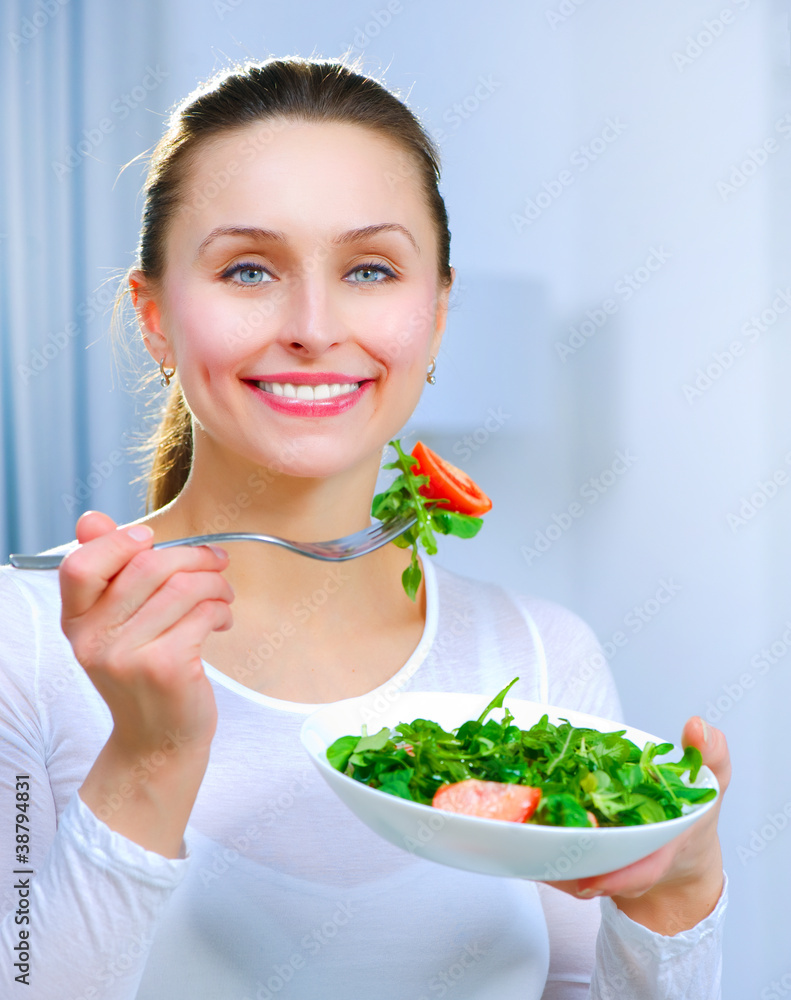 Diet. Healthy Young Woman Eating Vegetable Salad Diet. Healthy Young Woman Eating Vegetable Salad