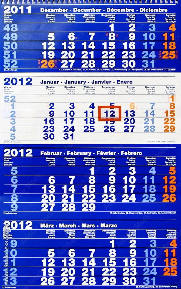 Kalender - Wandkalender - 4 Monate Stock-Foto Adobe Stock