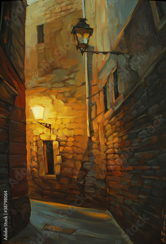 medieval street in gothic quarter of barcelona, painting, illust #38798064
