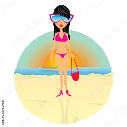 Glamour fashionable beach girl. vector color illustration.