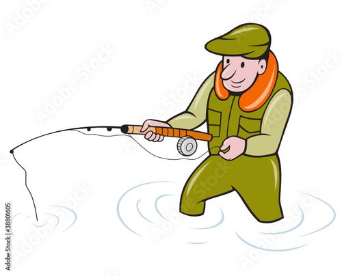 Fly Fisherman With Fishing Rod Fishing