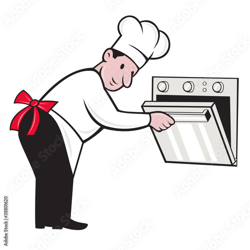 Cartoon Chef Baker Cook Opening Oven