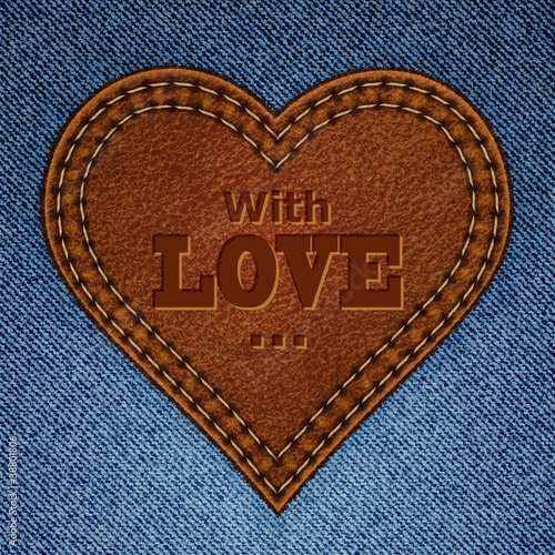 Abstract leather heart on jeans background. Valentine day greeti