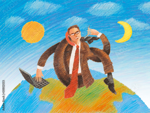 Businessman at work day and night multitasking