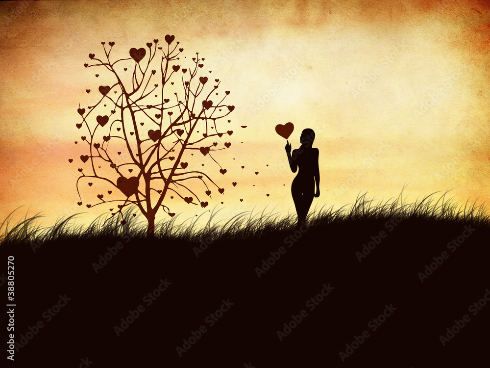 Silhouette of a girl with a heart and tree Silhouette of a girl with a heart and tree