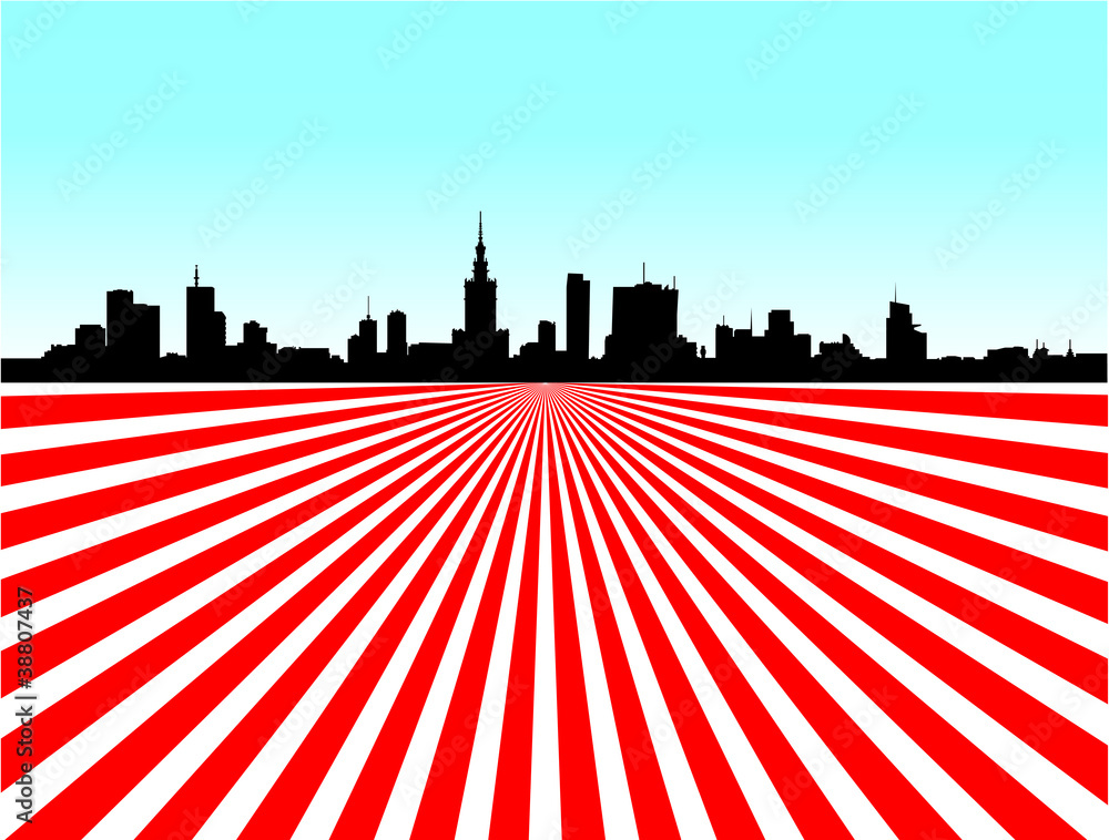 Warsaw skyline prospect on red and white rays - obrazy, fototapety, plakaty 