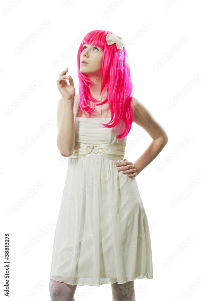 The girl in a pink wig looks in top The girl in a pink wig looks in top