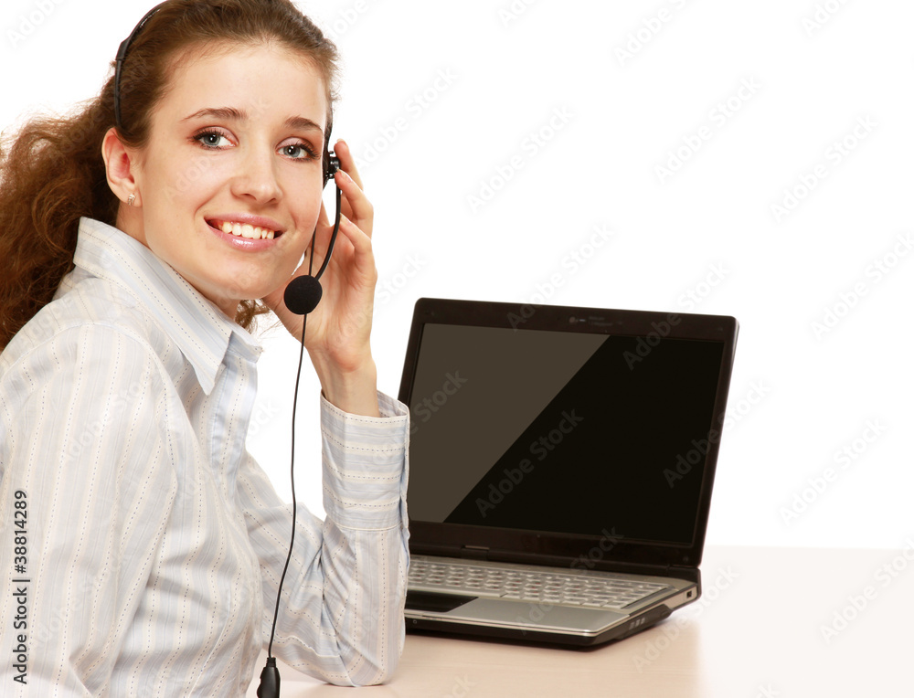 A customer service girl working, side-view A customer service girl working, side-view