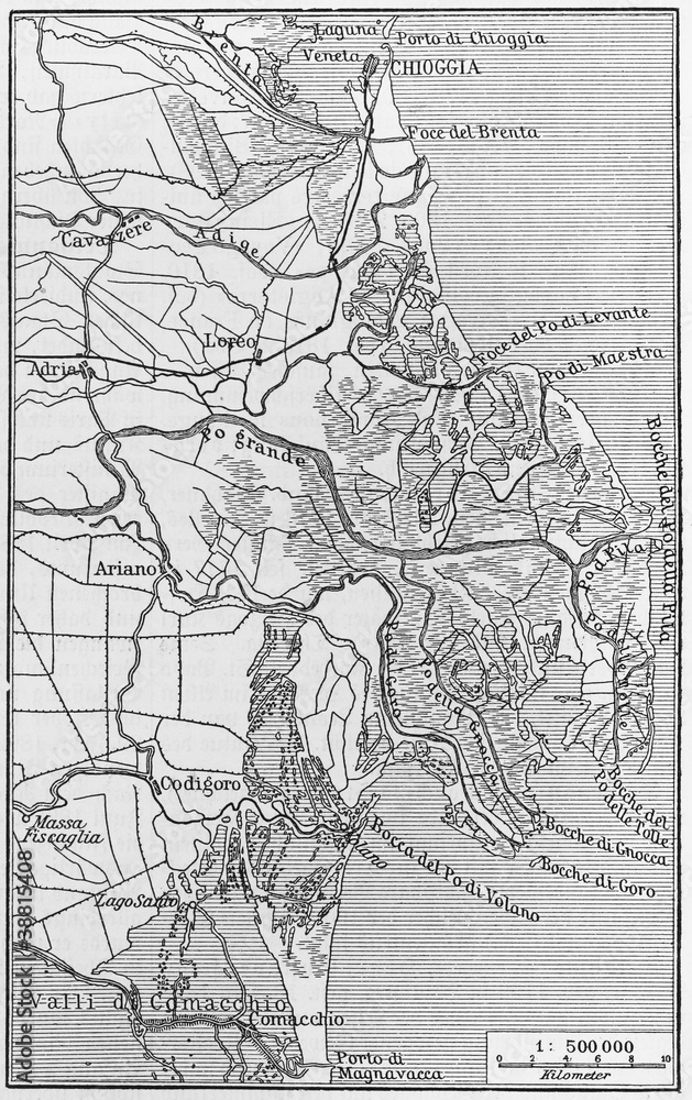 Naklejka premium Vintage map of Delta del Po at the end of 19th century