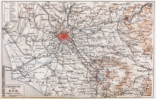 Obraz na płótnie Vintage map of Rome surroundings at early 20th century