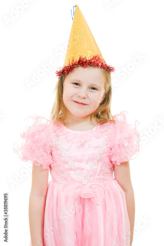 A girl in a pink dress and hat on a white background.