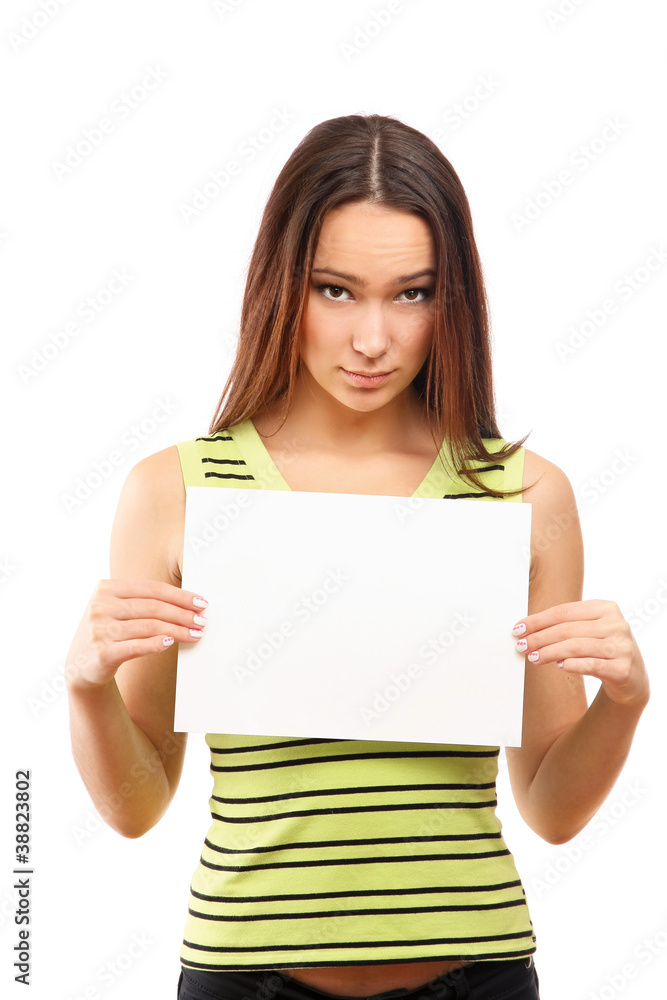 Beautiful woman holding empty white board Beautiful woman holding empty white board