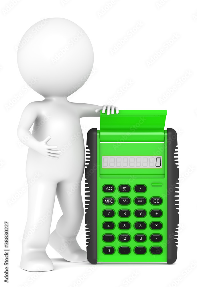 Calculate. 3d little human character with a Green Calculator Calculate. 3d little human character with a Green Calculator