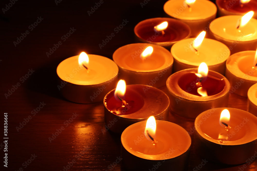 Beautiful candles and decor on wooden table Beautiful candles and decor on wooden table