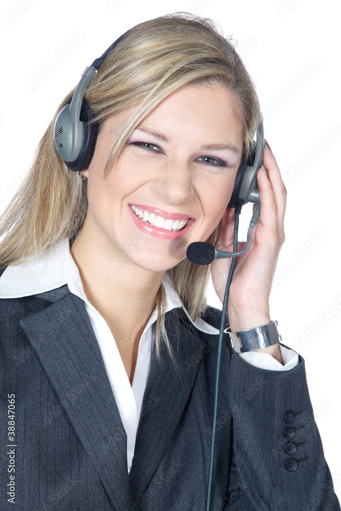 Business Frau Gesicht mit Headset lacht Porträt Business Frau Gesicht mit Headset lacht Porträt