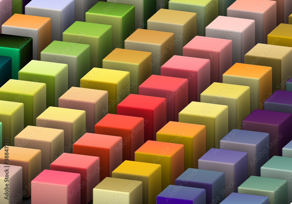dimetric view 3d render of beveled cubes in multiple bright colo dimetric view 3d render of beveled cubes in multiple bright colo