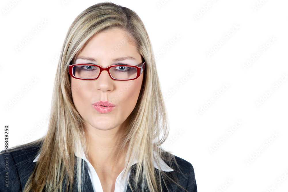 Hübsche Frau Gesicht mit Brille erstaunt Porträt