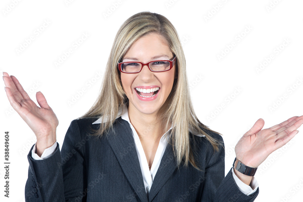 Business Frau Gesicht mit offenen Händen lacht Porträt Business Frau Gesicht mit offenen Händen lacht Porträt
