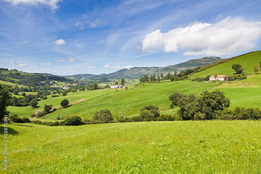 Cantabria landscape, great valley with little towns and farms Cantabria landscape, great valley with little towns and farms