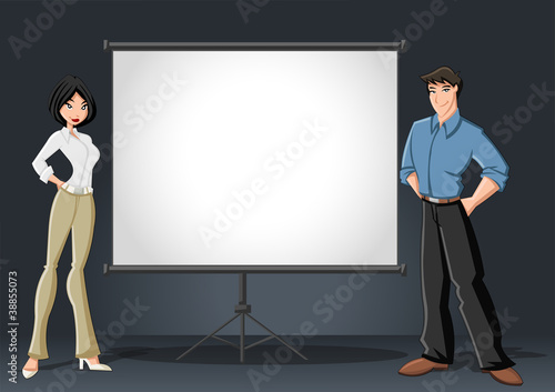 Cartoon business couple and white billboard with empty space