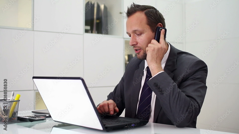 Businessman with laptop talking on cellphone in modern office Businessman with laptop talking on cellphone in modern office