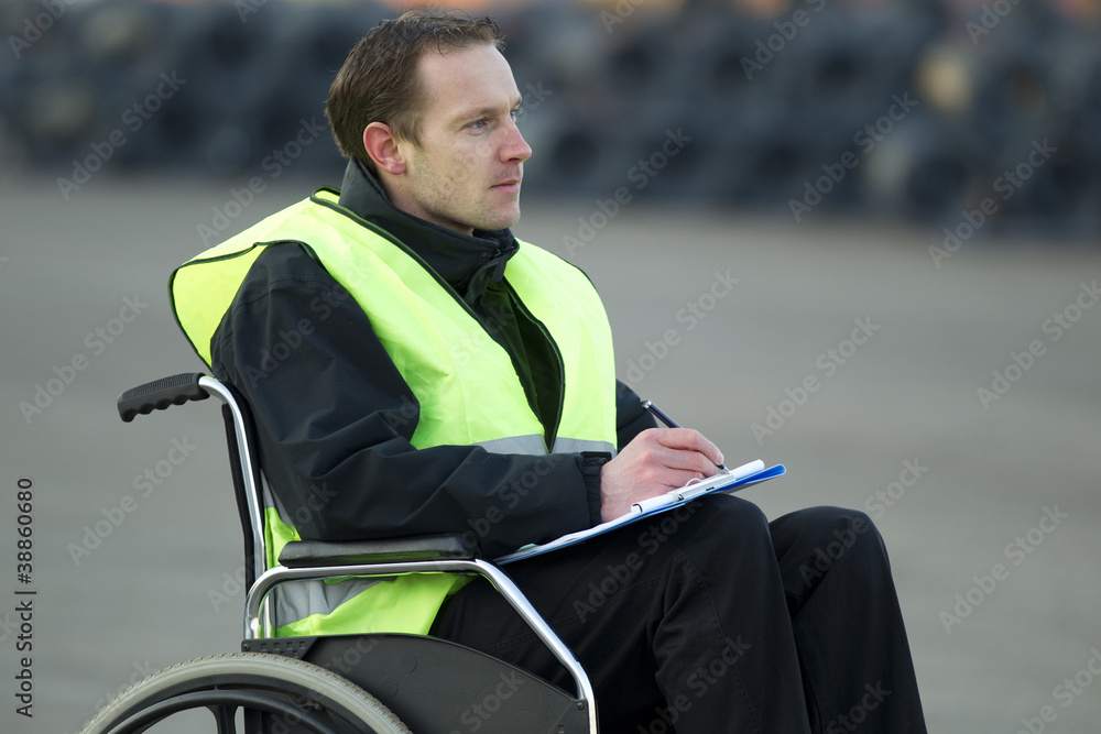Supervisor Inspecting Wire Roll With Checklist On Wheelchair
