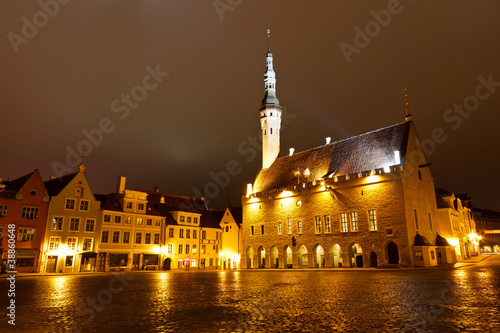 Tallinn Town Hall at Night in Raekoja Square, Estonia