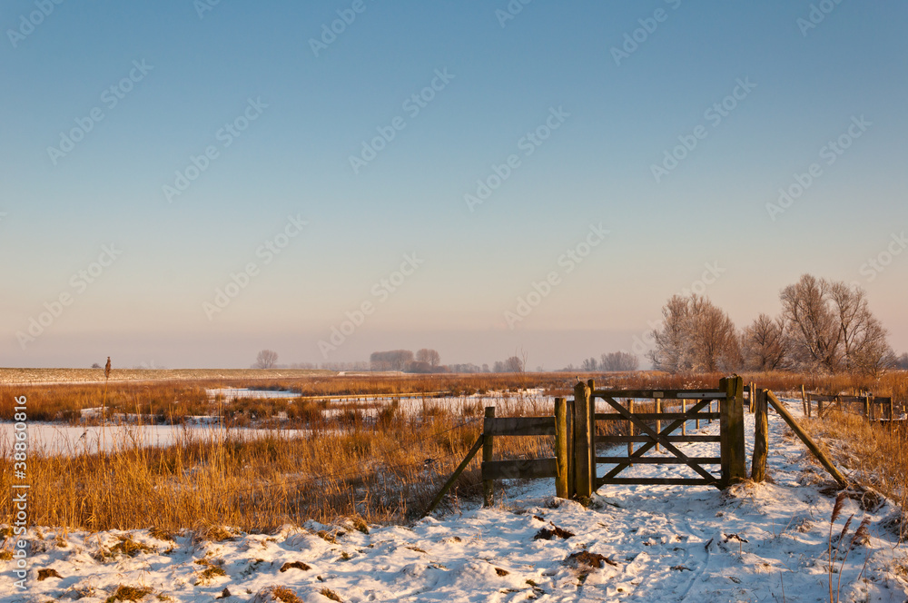 Wooden fence in a snowy Dutch landscape